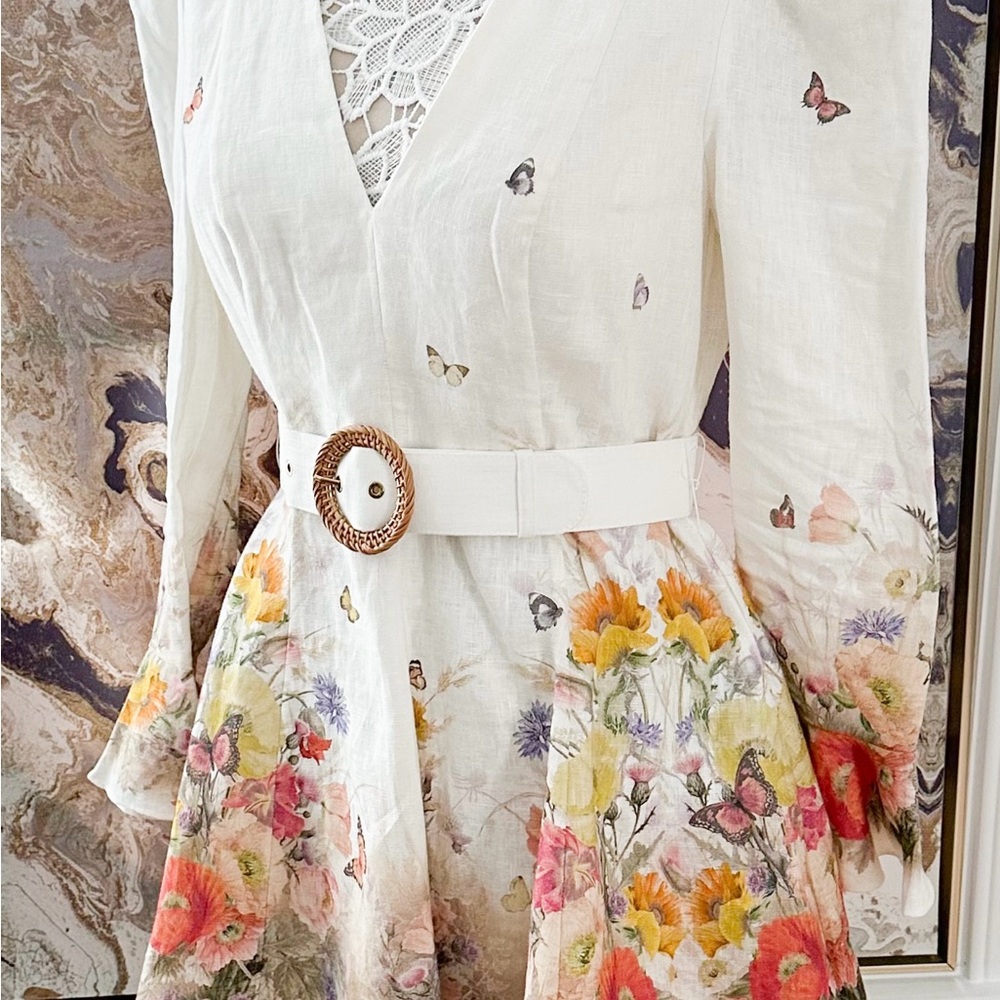 New! Zimmermann Tranquillity Butterfly Floral Linen Mini Dress - Picture 12 of 12